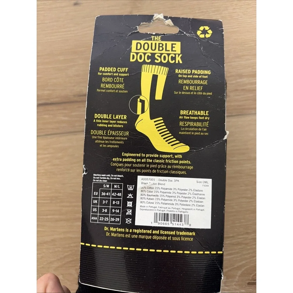 New Dr. Martens Double Doc Crew Socks 3 Pair‎ Unisex Adult 9-14 Black
